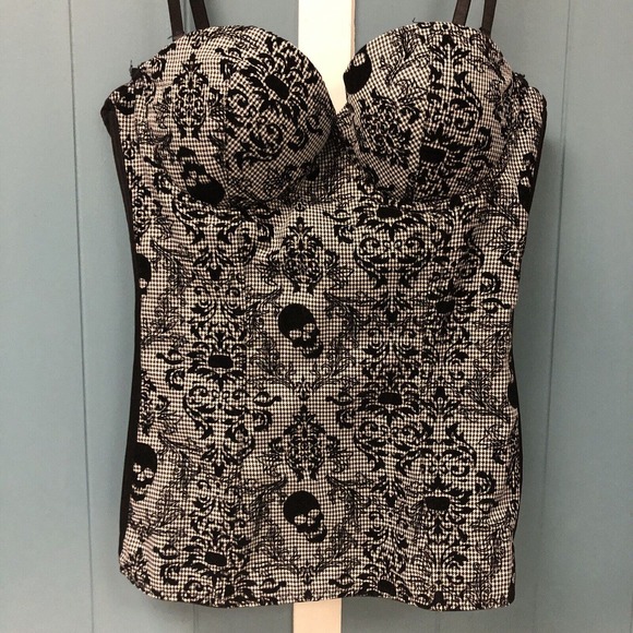 Spirit Sexy Size L Damask Skulls Flocked Bustier corset pinup Boudoir‎ Black - Picture 3 of 7